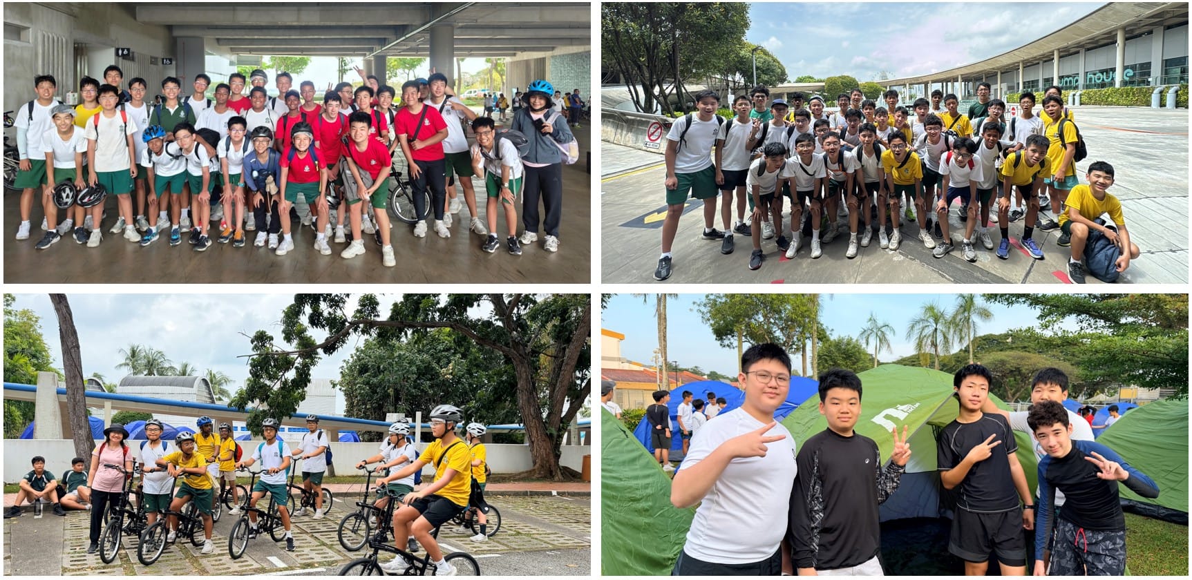 Four photos of school students on an outdoor trip, posing in groups, riding bicycles, and standing near tents.
