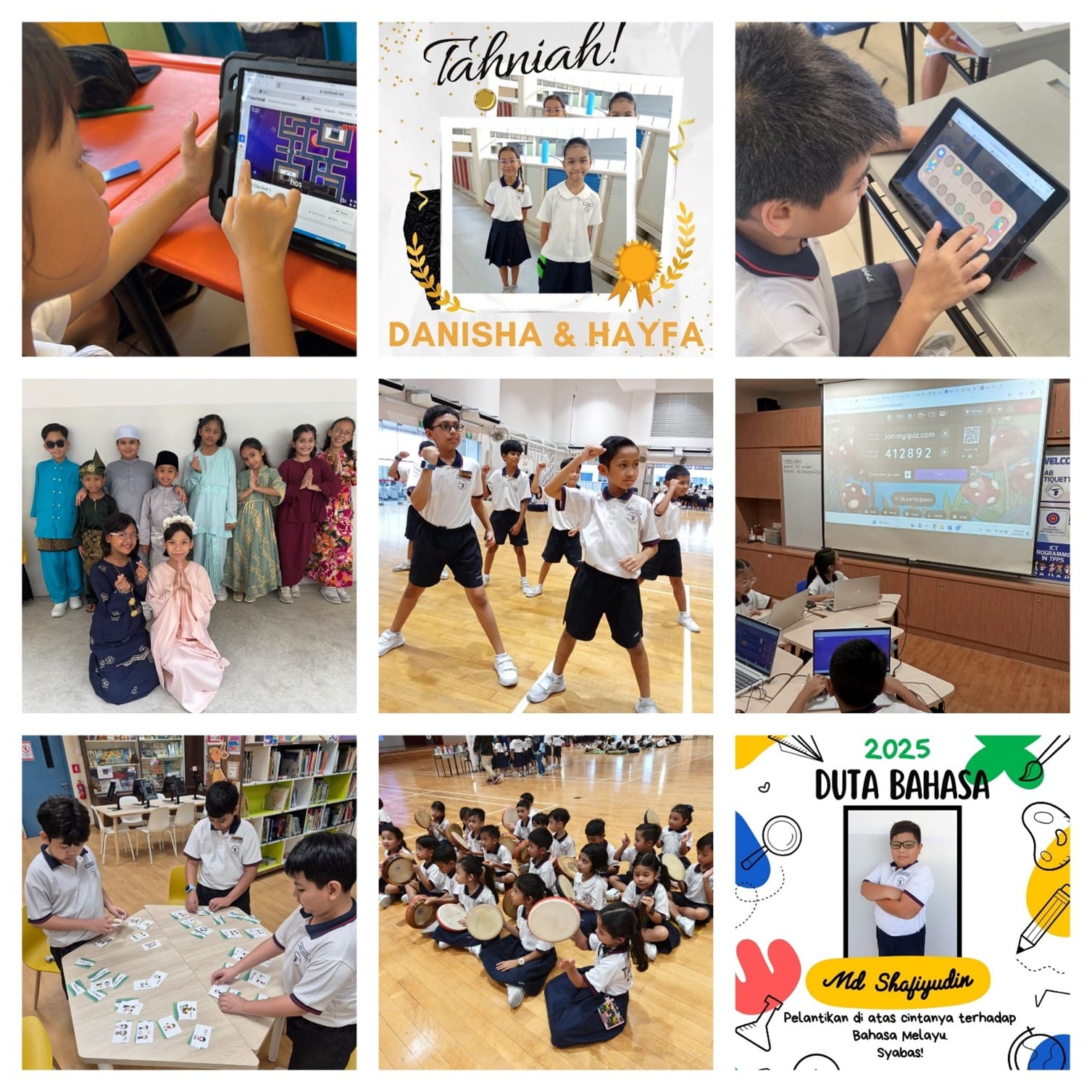 A collage of school children doing activities: using tablets, dancing, wearing traditional clothes, playing cards, and award announcements.