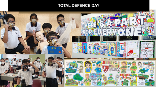 Students in masks participate in Total Defence Day activities including gas mask drills, saluting, and colorful poster displays.
