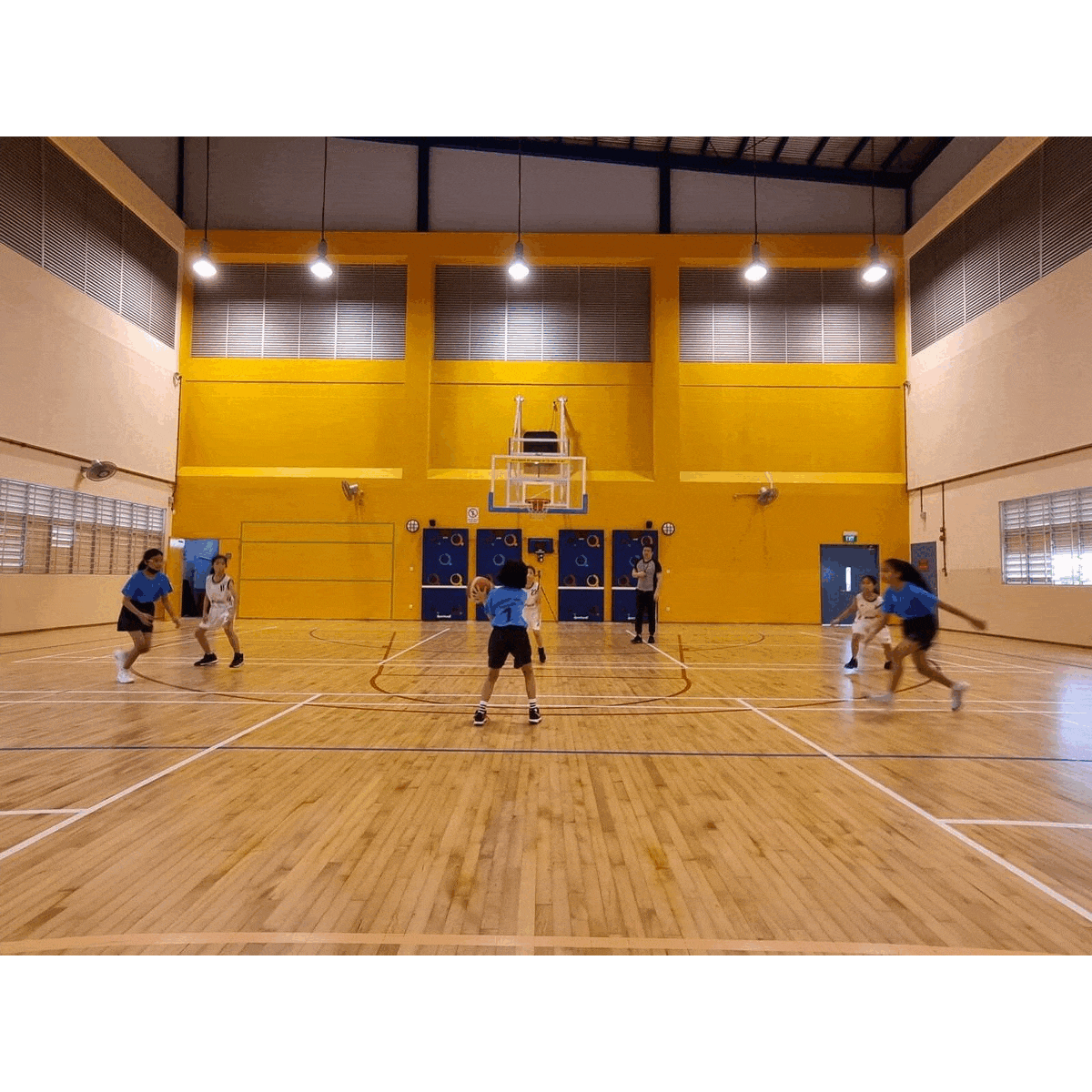 Young players in blue and white uniforms play basketball on an indoor wooden court with yellow walls.
