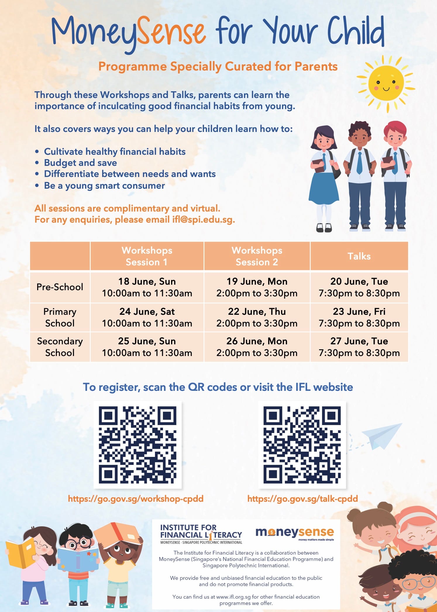 Flyer for MoneySense for Your Child programme with session schedules, two QR codes, and cartoon children illustrations.