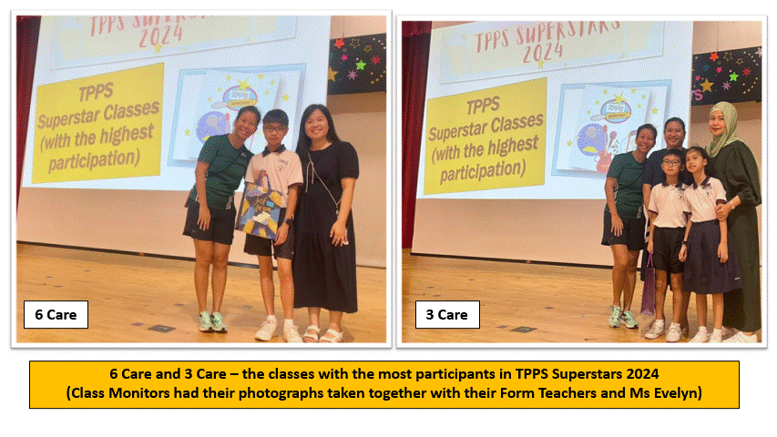 Students and teachers from classes 6 Care and 3 Care pose before a TPPS Superstars 2024 presentation screen.