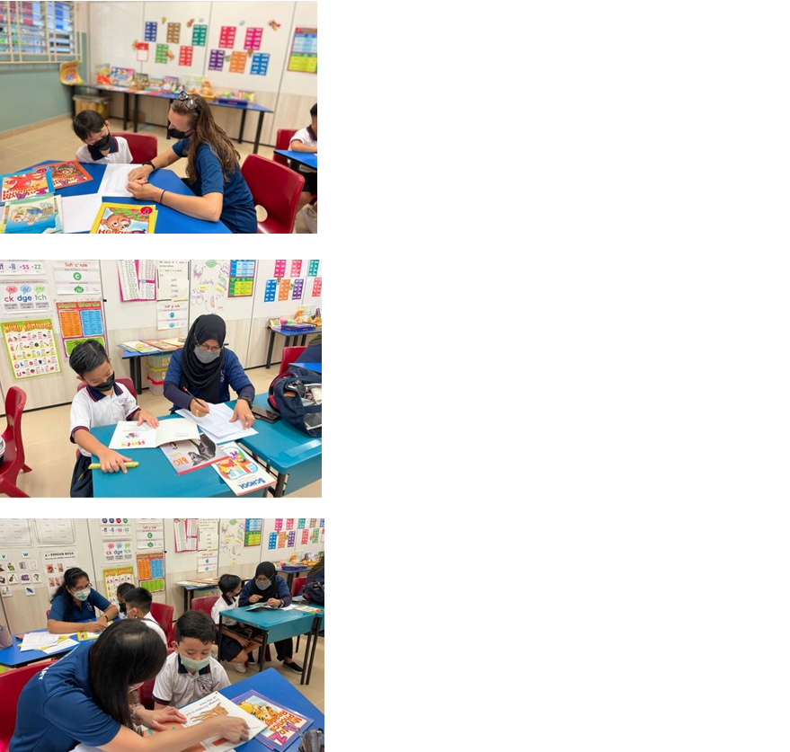 Three classroom scenes showing teachers working one-on-one with young students at blue desks with books and worksheets.