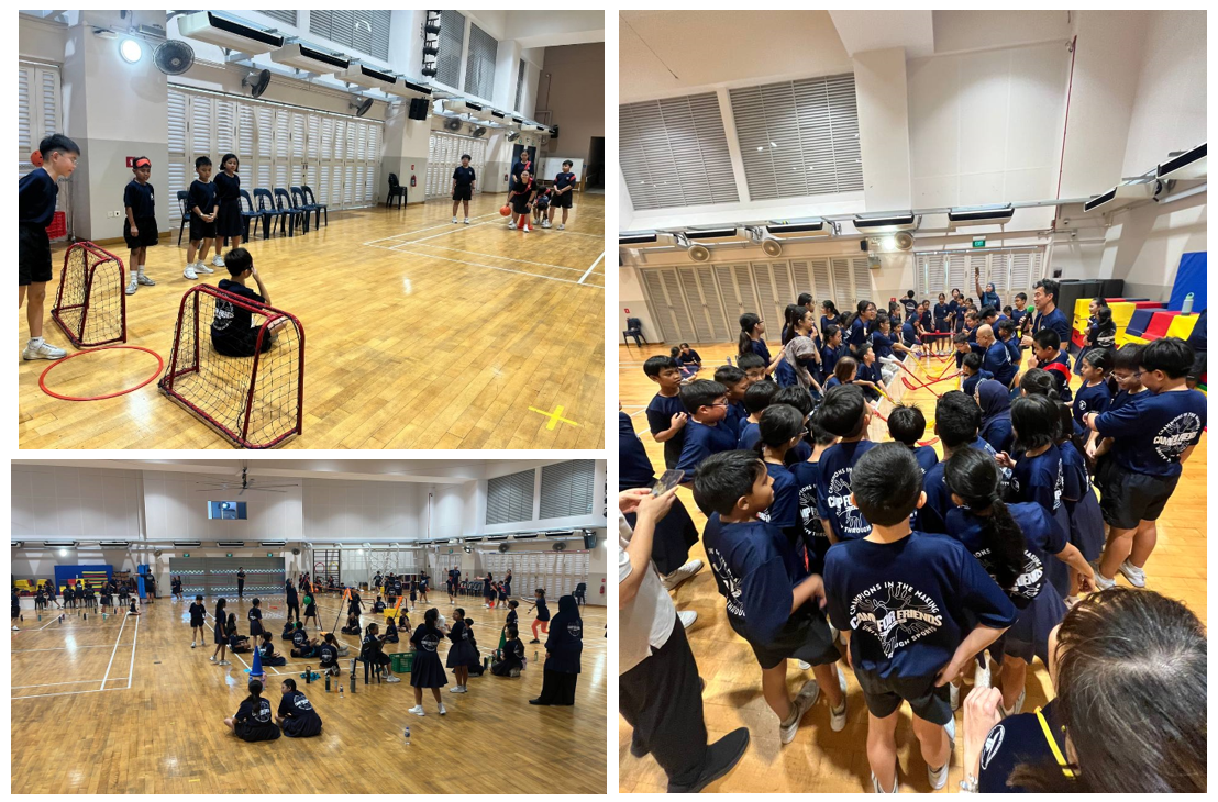 Three indoor gym scenes showing children in navy shirts playing sports, gathered in a group huddle, and doing activities.