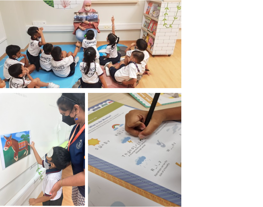 Young students in Tampines Primary uniforms sit for a story, point at a wall poster, and write on a weather worksheet.