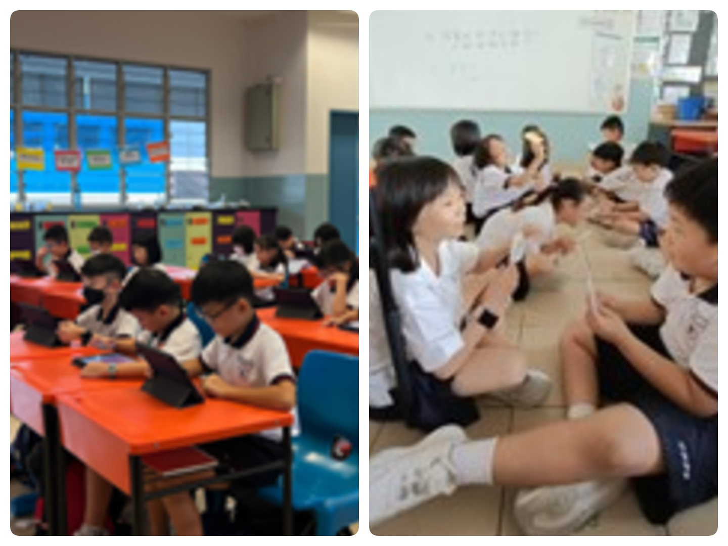 Students in uniform use tablets at red desks; others sit on the floor interacting in a classroom.