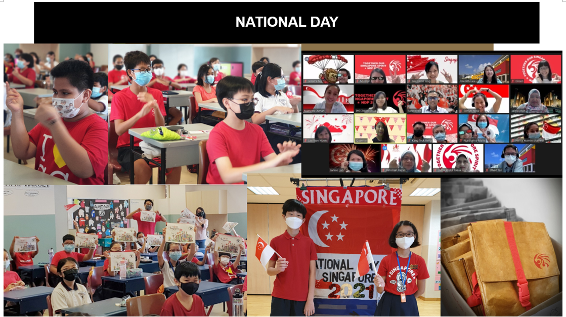 Students in red shirts and masks celebrate Singapore National Day 2021 in classrooms and via video call.