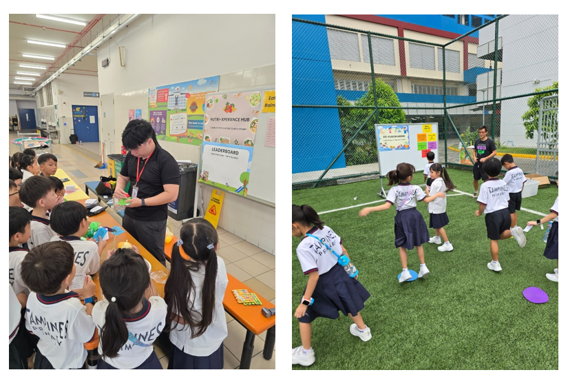 Students in school uniforms participate in indoor nutrition activities and outdoor sports on a green field.