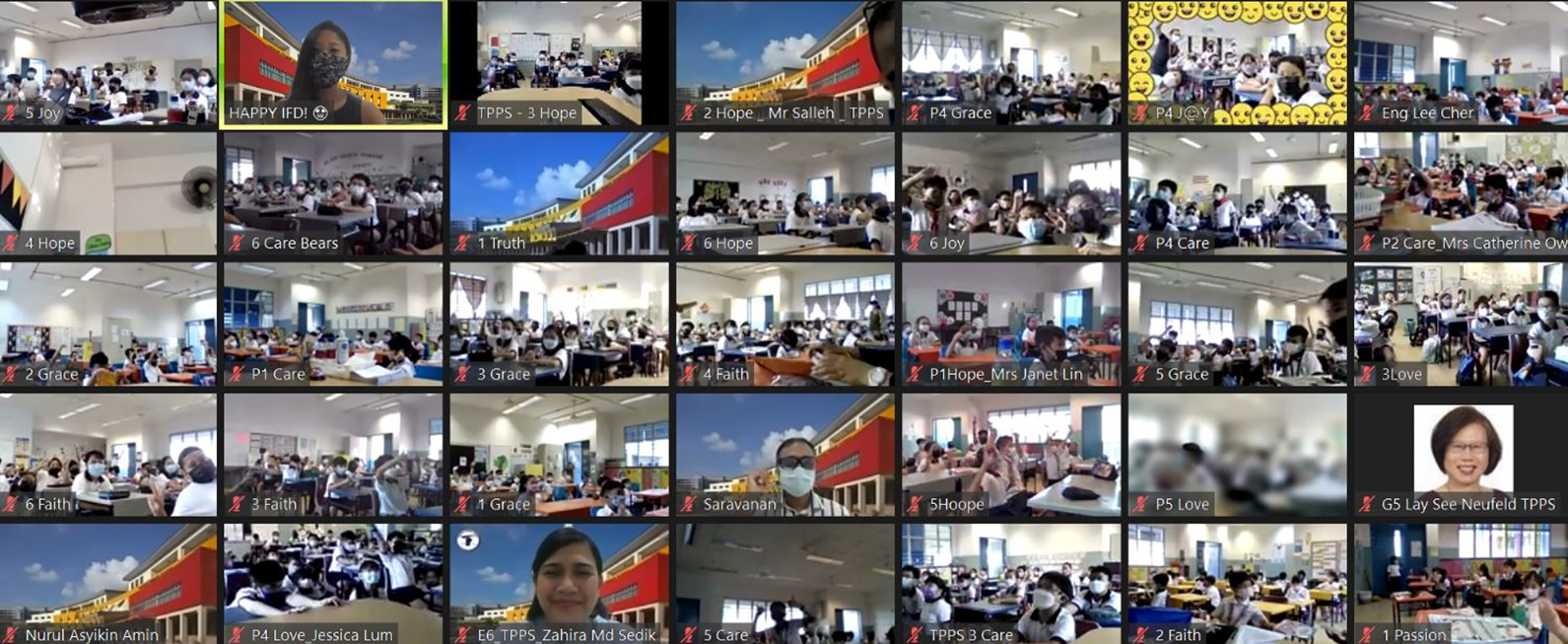 A video call grid showing multiple school classrooms with masked students and teachers, labeled with class names.
