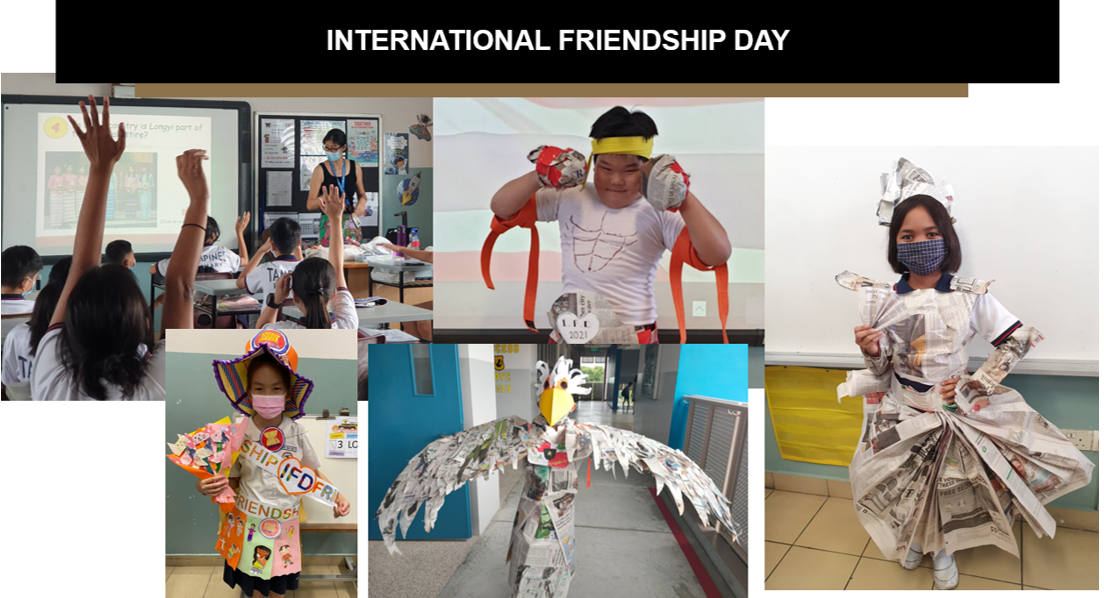 Students celebrating International Friendship Day wearing creative costumes made from newspaper and colorful craft materials.