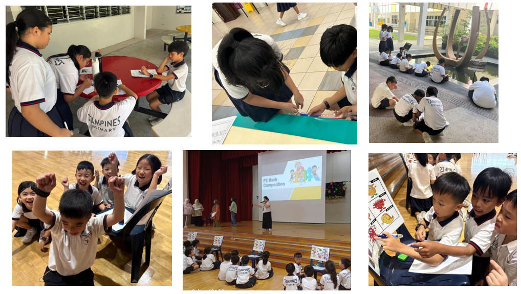 Six photos of Tampines Primary students participating in a P2 Math Competition indoors and outdoors.