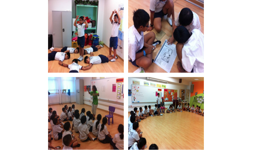 Four photos of school children in uniforms doing activities including floor exercises, reading together, and sitting in classroom circles.