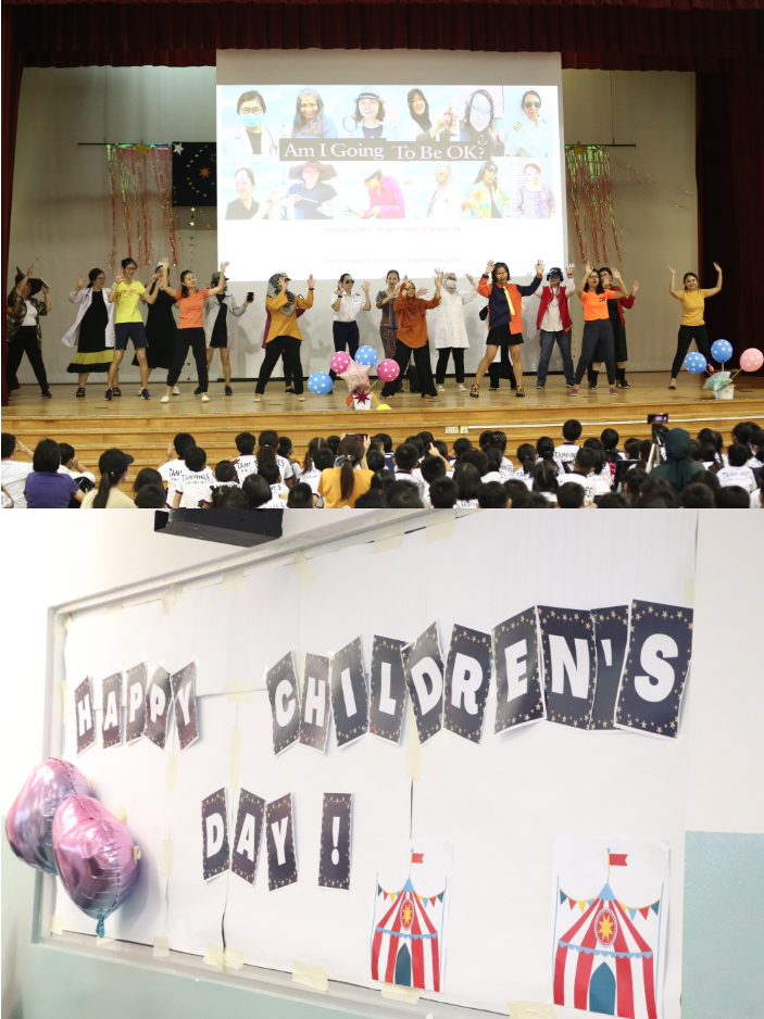 A school stage performance with dancers before a crowd, and a Happy Children's Day banner with balloons below.