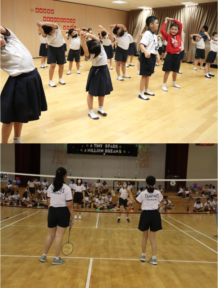 Two school scenes: children dancing in a hall above, and Tampines Primary students playing badminton below.