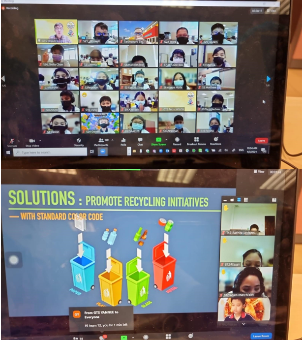 Two screenshots of a video call showing masked students and a slide about promoting recycling initiatives with color-coded bins.
