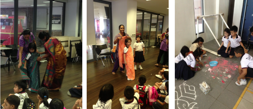Three panels show children and adults in traditional Indian sarees, with kids drawing chalk rangoli on the floor.