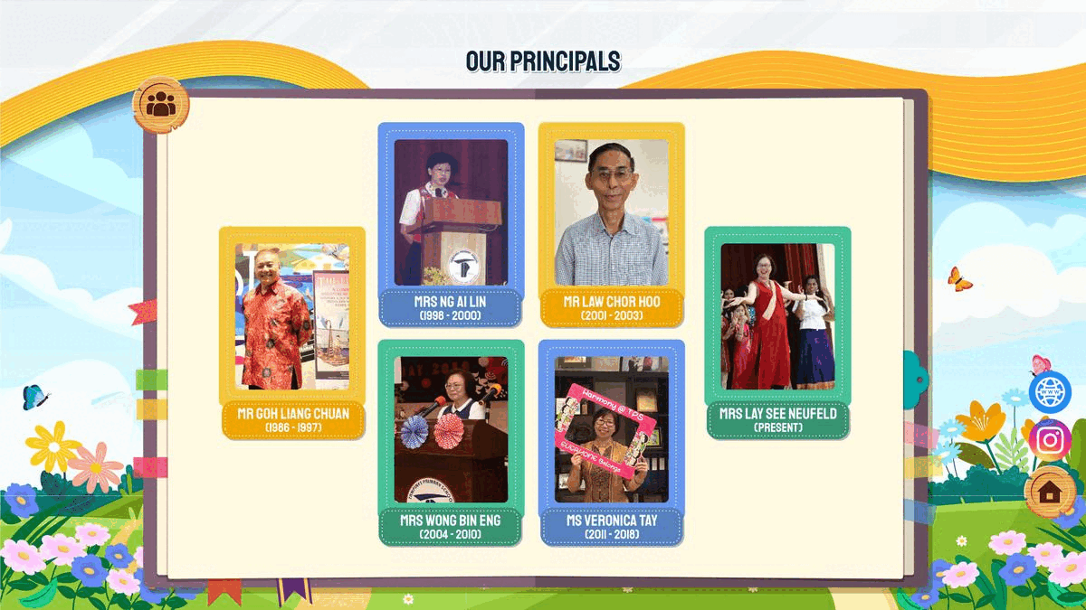 A school webpage titled Our Principals showing six labeled photos of principals from 1986 to present.