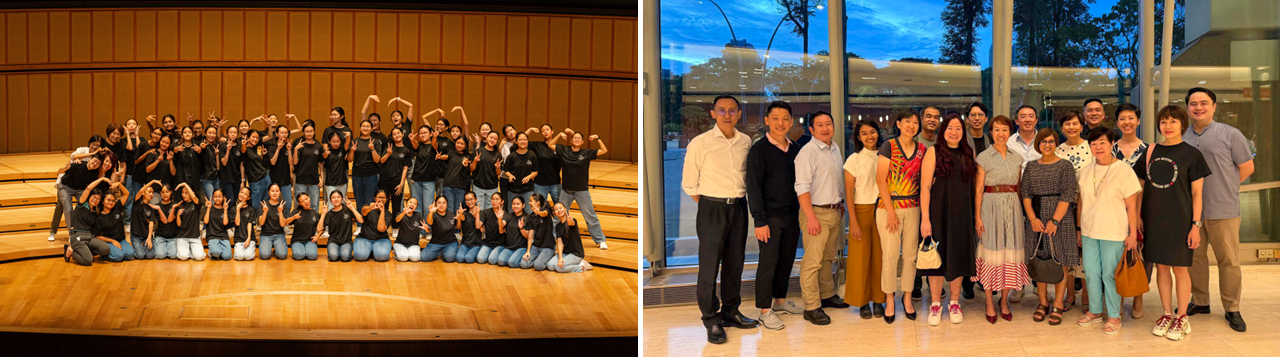 Two group photos: a large group in black shirts on a wooden stage, and a smaller group posing indoors at dusk.