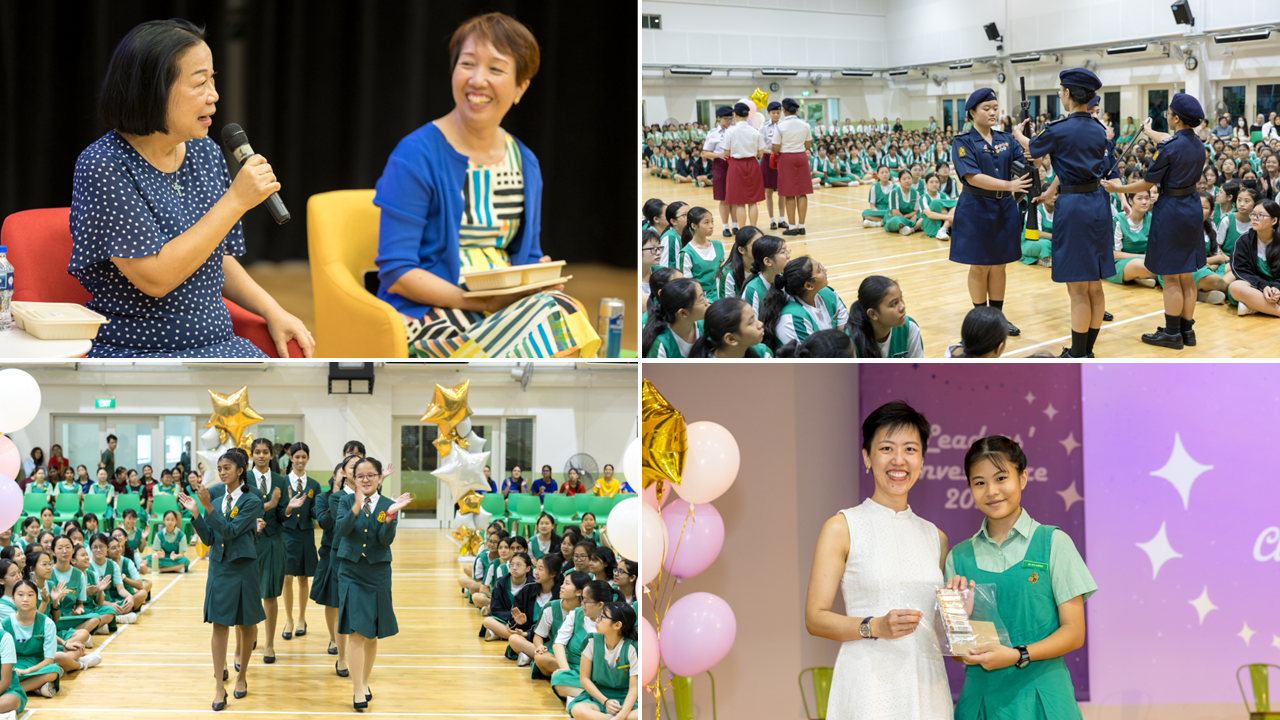 Four scenes from a school event showing speakers, uniformed officers, student ceremonies, and an award presentation.