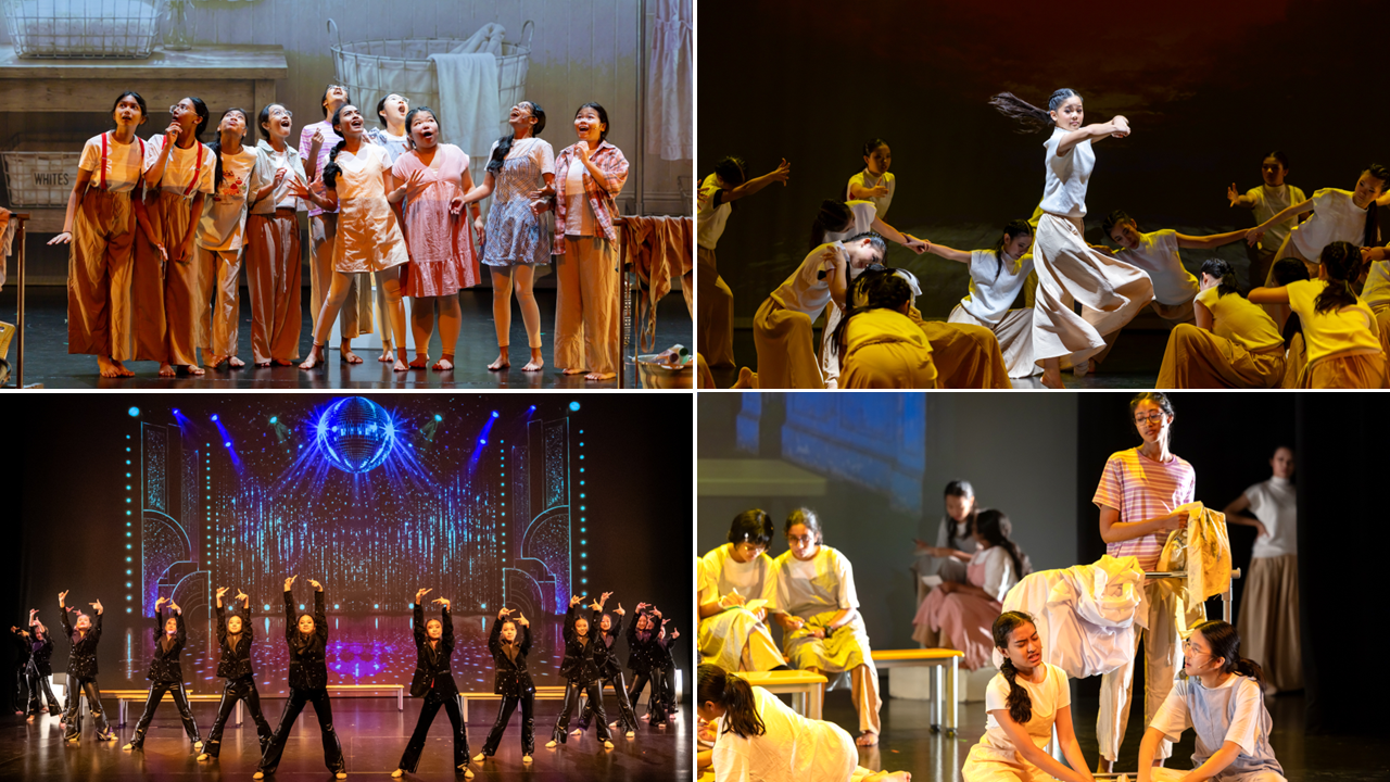Collage of TKGS students presenting theatrical scenes and group dance performances under colourful stage lighting.