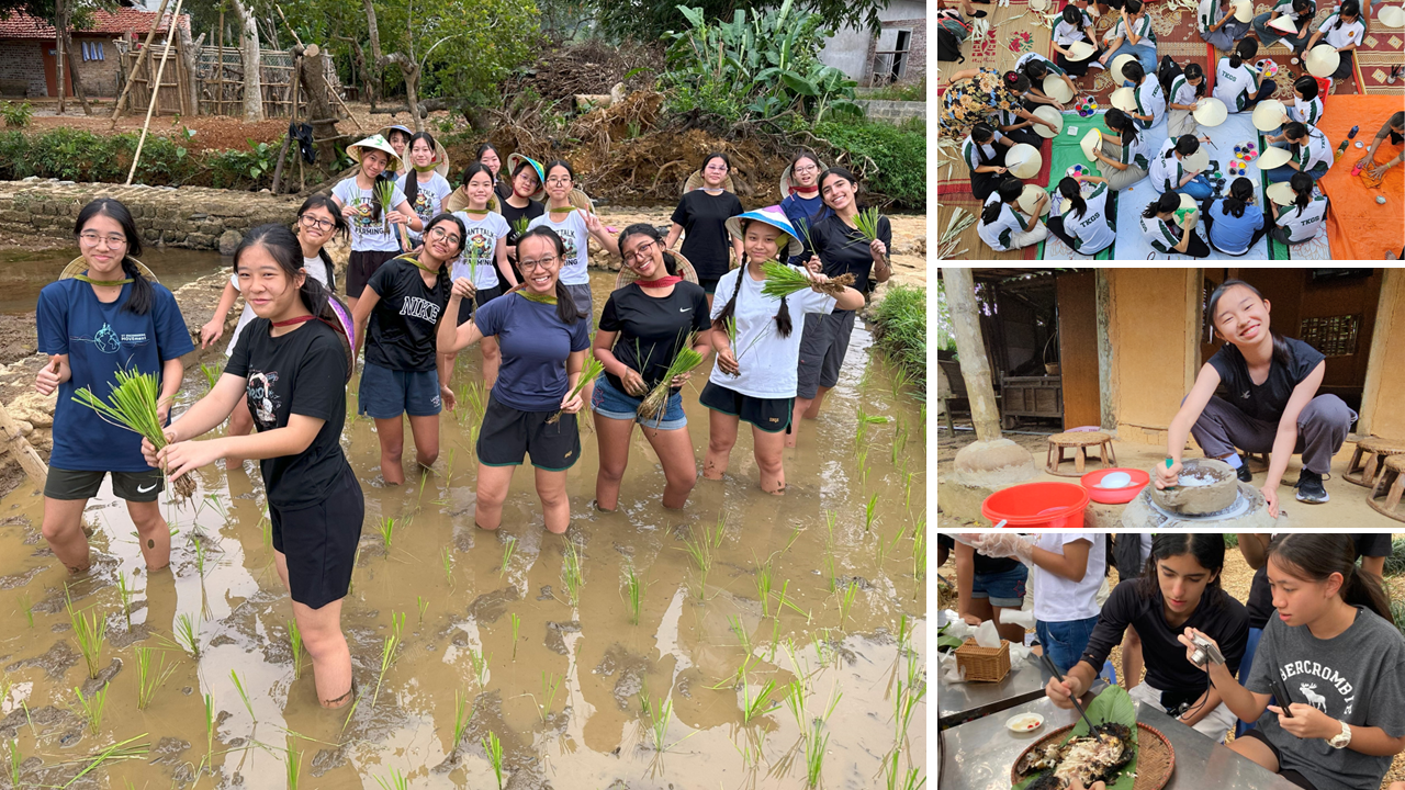 Students plant rice in a muddy paddy field, make pottery, craft hats, and prepare food in a rural setting.