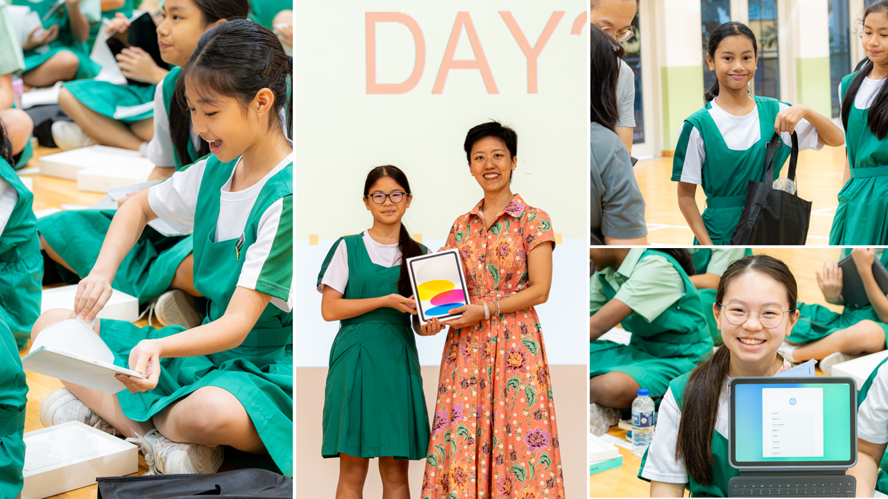 Students in green uniforms receive and unbox tablets at a school event, with a teacher presenting a tablet to a girl.