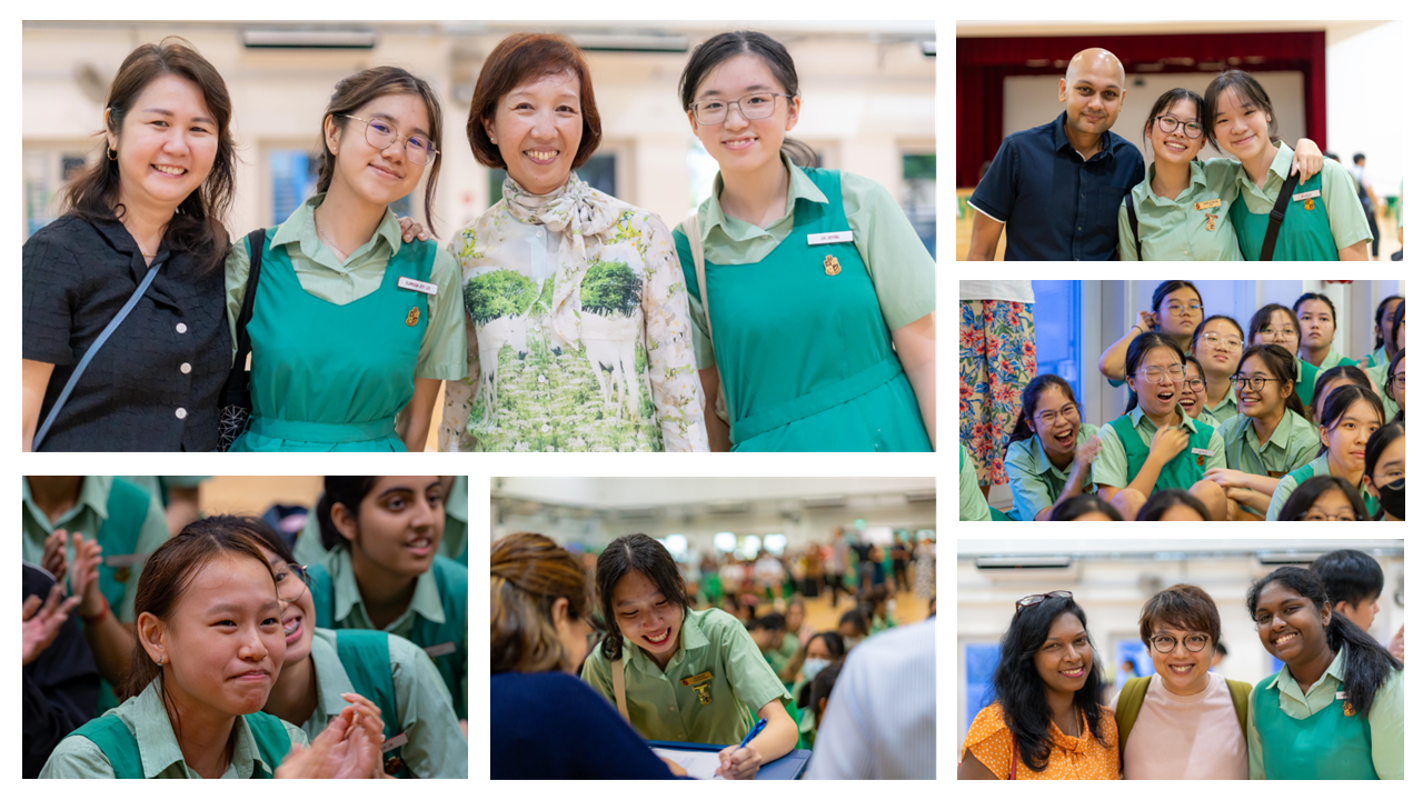 Collage of school girls in green uniforms celebrating with adults, smiling and laughing at an indoor event.