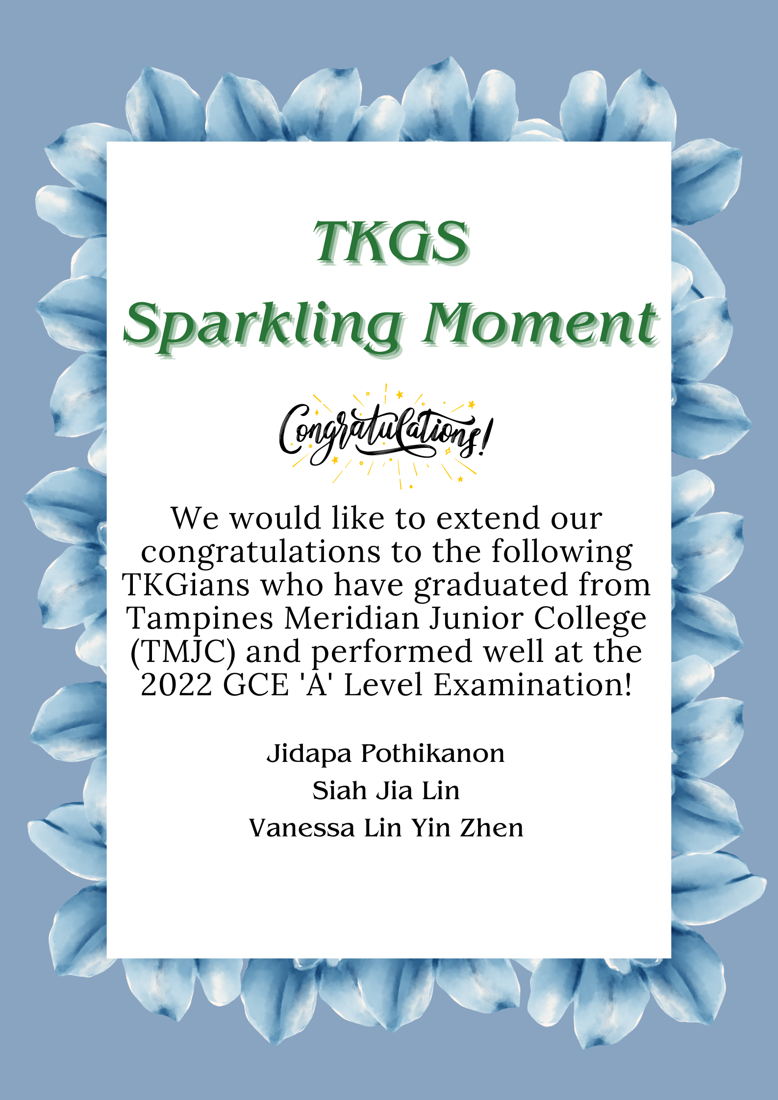 TKGS Sparkling Moment congratulations card with blue floral border honoring 2022 GCE A Level graduates.