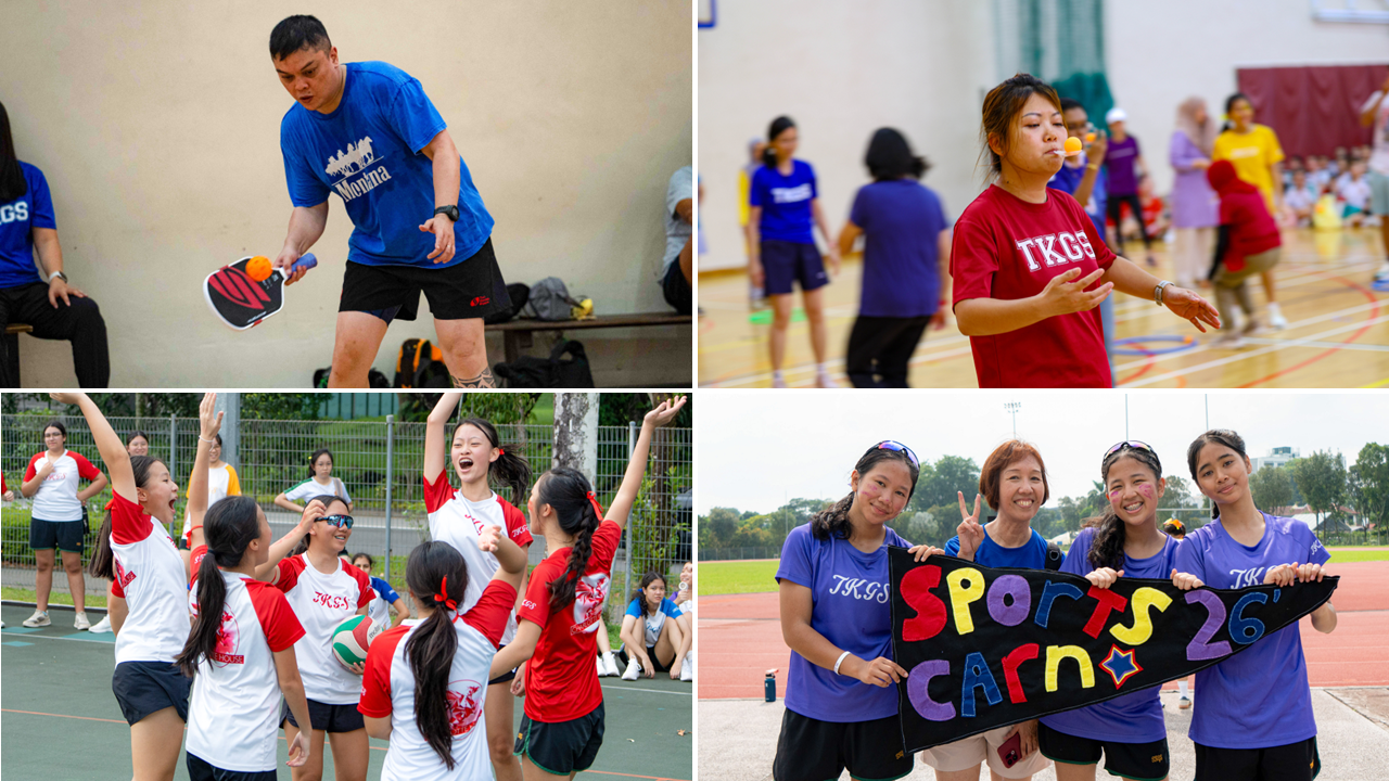 Collage of TKGS staff and students taking part in games, celebrating together and displaying a “Sports Carnival ’26” banner.