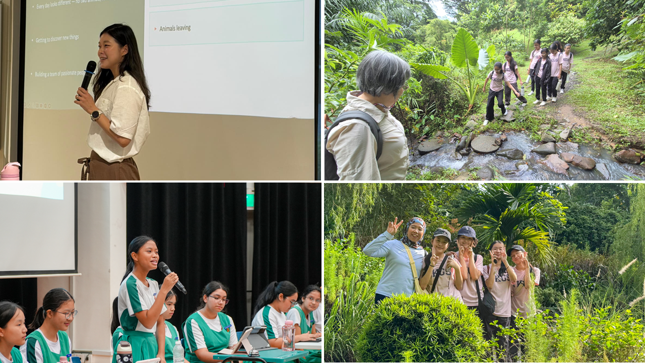 A picture collage. Top Left shows a speaker delivering her talk to students. Top right shows students exploring nature, Bottom left shows students engaging in a debate session amongst peers. Bottom right show out teacher posing for photo with 4 other students