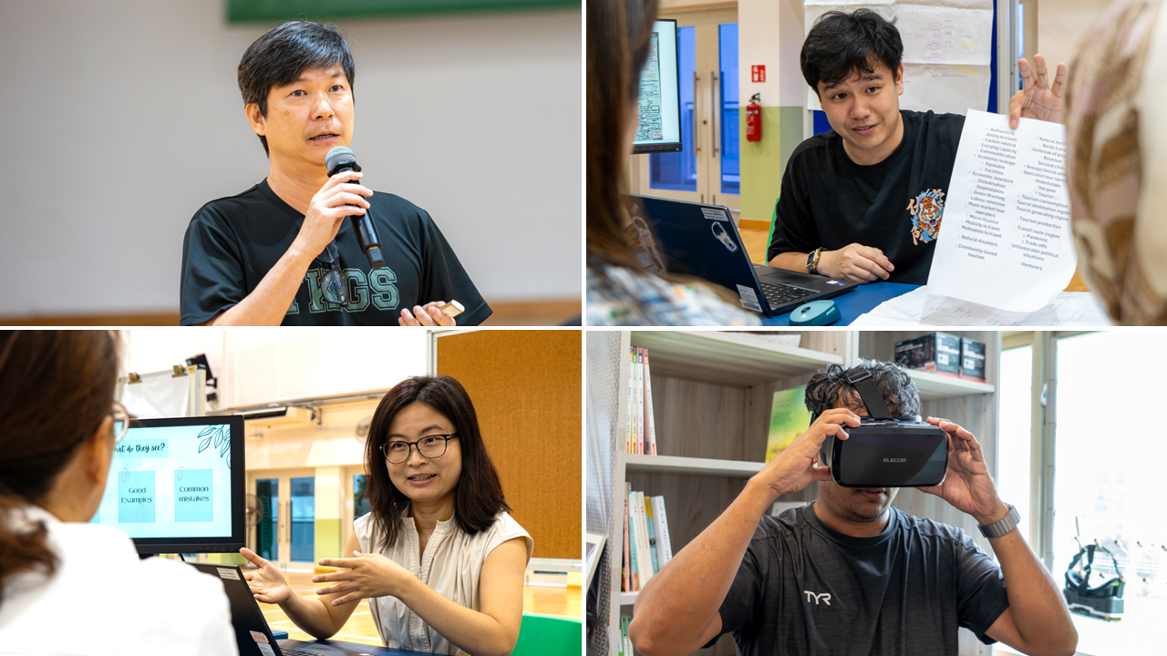 Four scenes: man speaking into mic, student showing paper, woman presenting slides, and man wearing a VR headset.