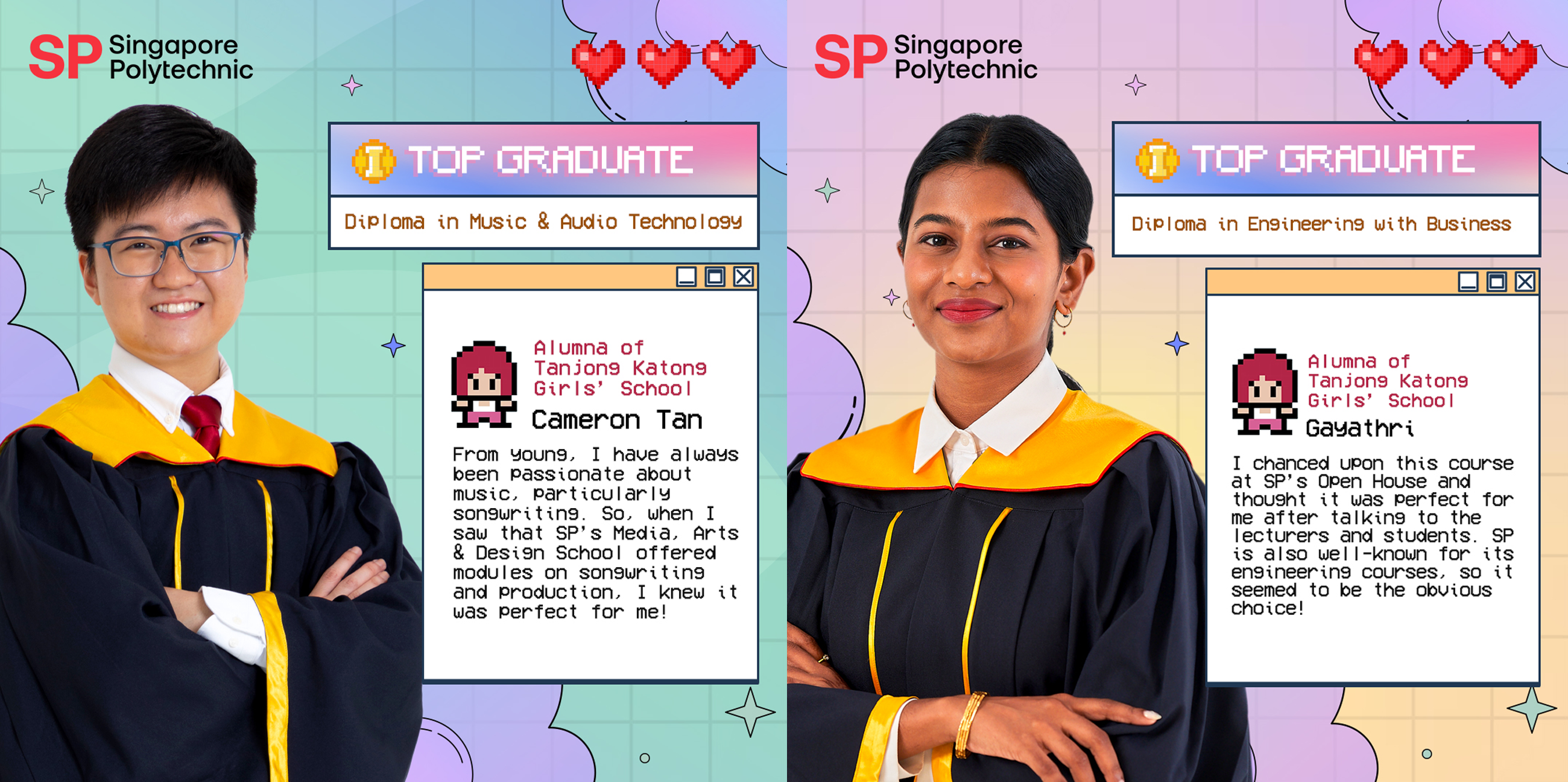 Two Singapore Polytechnic top graduates in academic robes with pixel-art style profile cards beside each person.