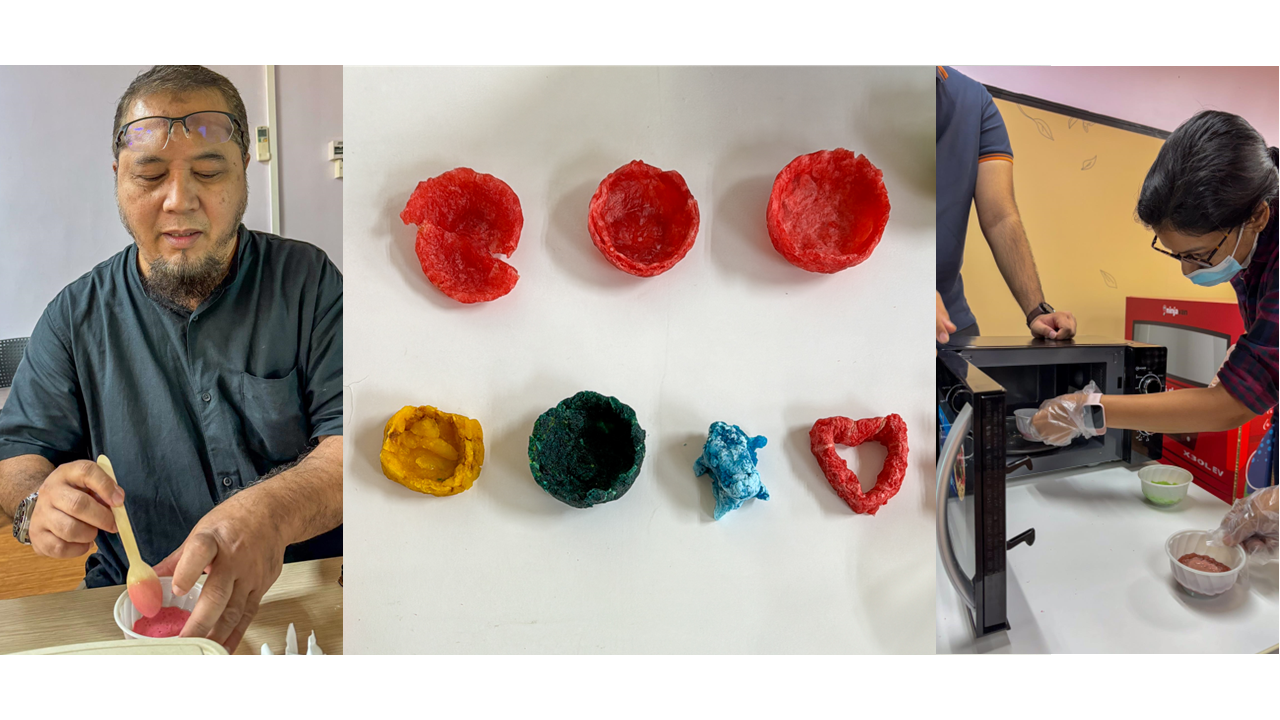 Three panels show people making colored clay bowls, finished red, yellow, teal, and blue pieces, and a person using a microwave.