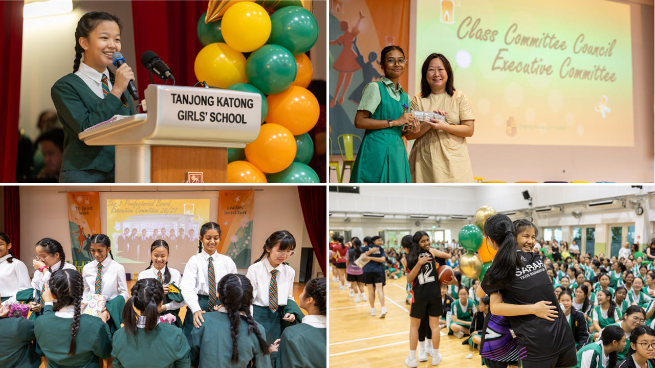A collage of pictures. Top left shows the new head prefect delivering her speech for the first time in her role. Top right shows our Vice Principal Academic handing over the badge to a class com rep. Bottom left shows the outgoing prefectorial board handing over the torch to the incoming leadership. Bottom left shows the sports leaders handing over the torch to each other.
