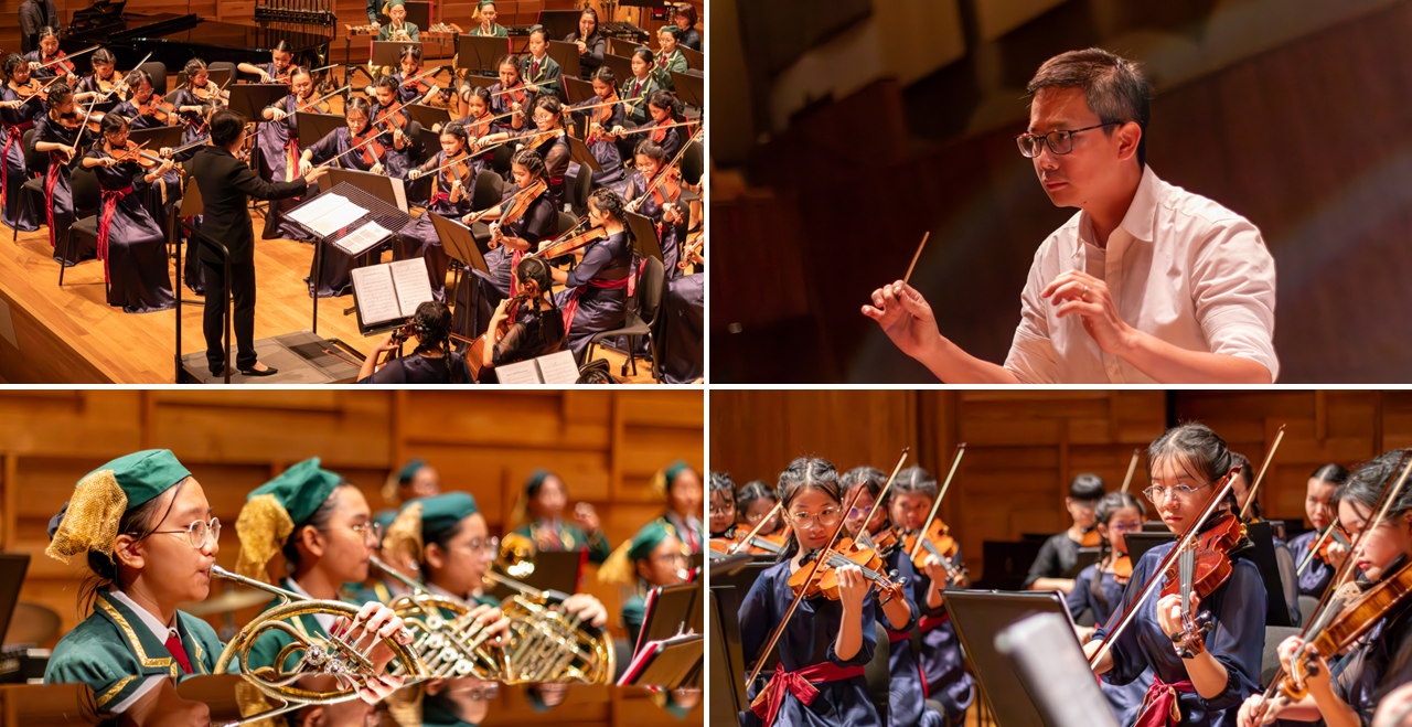 Four-panel collage of a youth orchestra concert featuring a conductor, violin players, and a French horn player.