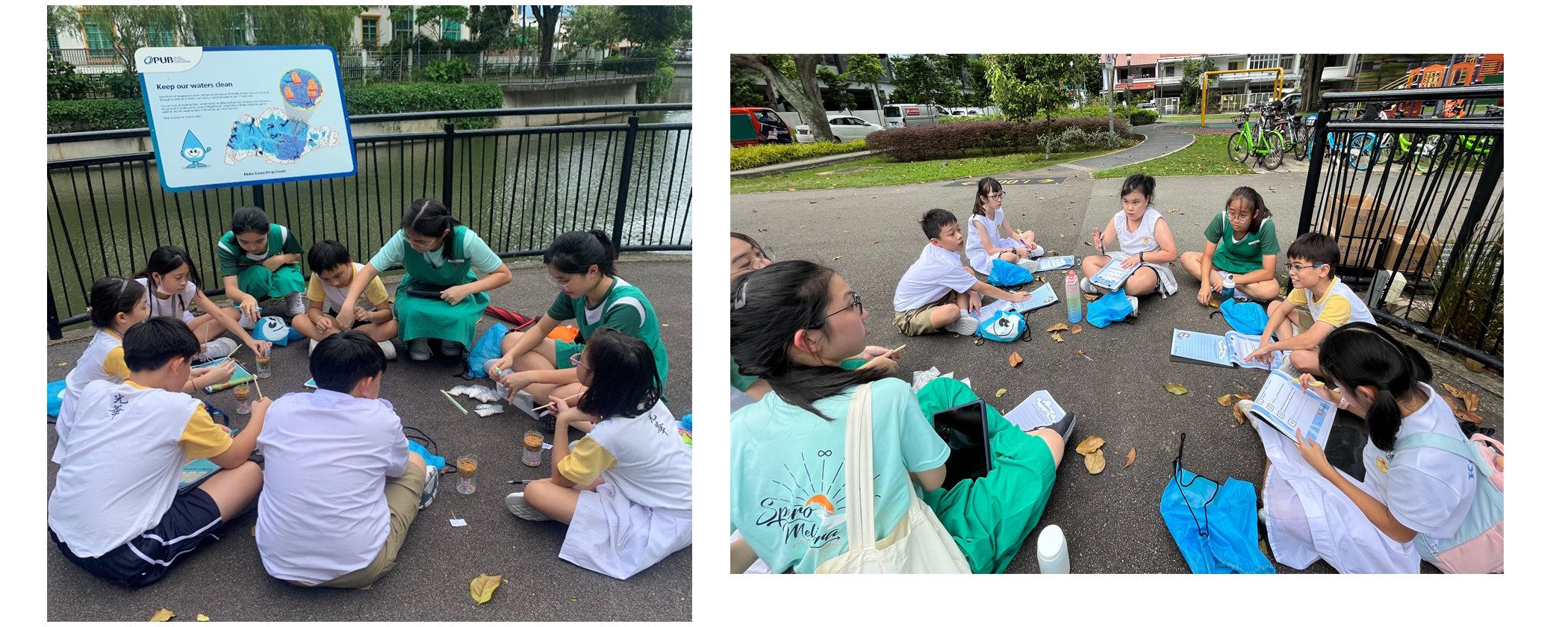 Students sit in circles on pavement outdoors near a PUB water conservation sign, working on group activities.