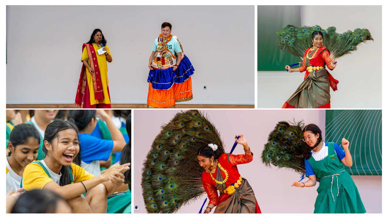 Collage of Indian cultural event with dancers holding peacock feathers, performers in traditional dress, and smiling students.