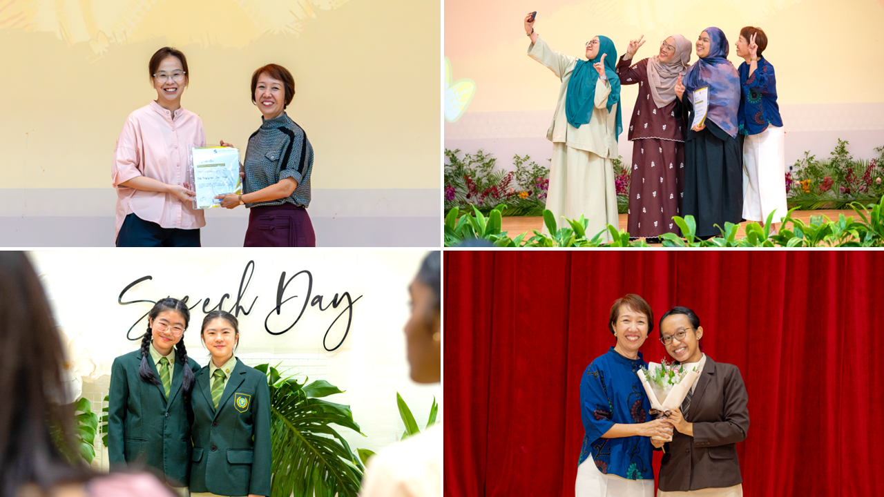 Four scenes from a school Speech Day showing women and students posing, taking selfies, and receiving awards.