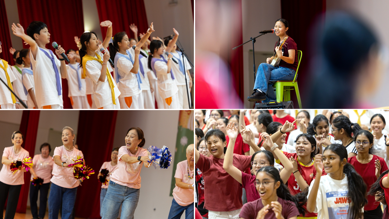 Collage of TKGS students and guests celebrating National Day through singing, a musical performance, dancing and enthusiastic audience participation.