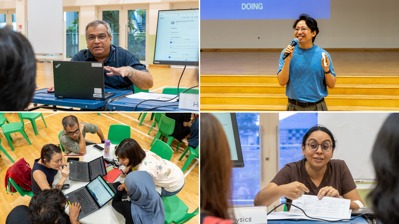 Four-panel collage showing people in workshop settings: presenting, using laptops, and discussing around tables.