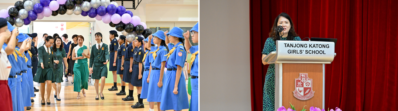 Students in uniforms line a balloon arch at Tanjong Katong Girls' School, while a woman speaks at the podium.