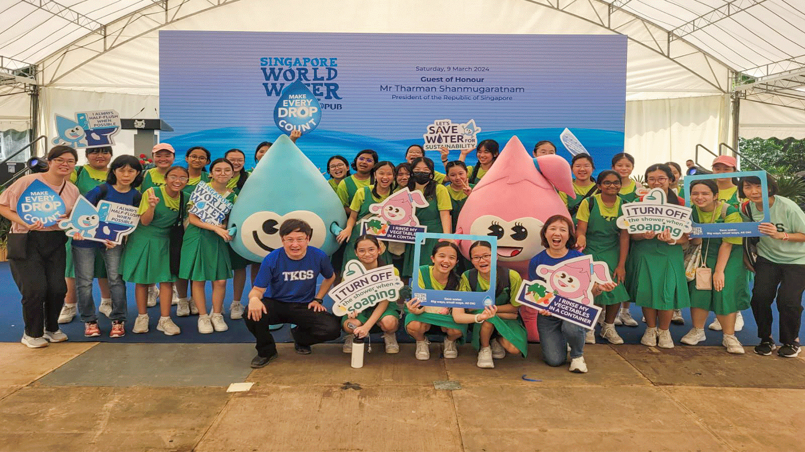 Animated collage of TKGS students and staff taking part in Singapore World Water Day 2024, featuring water mascots, campaign signs and activities promoting water conservation.