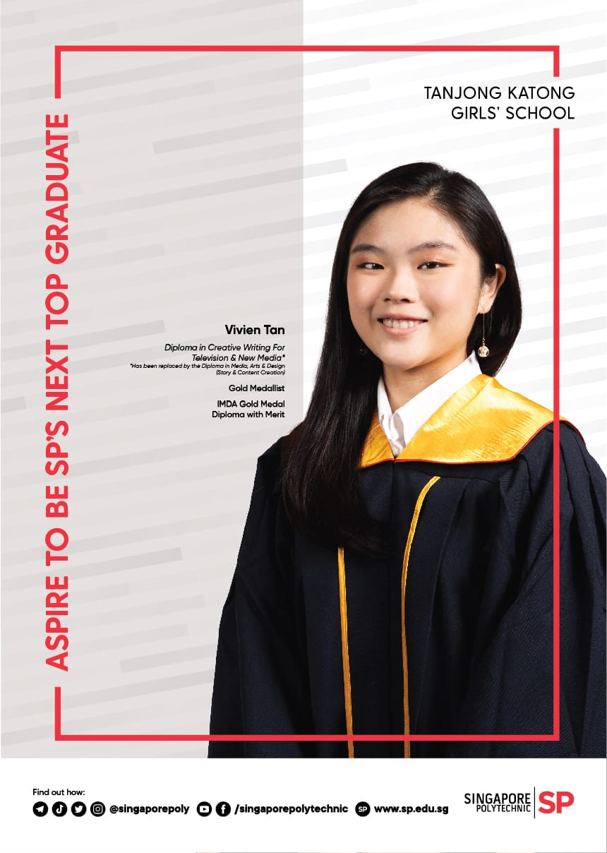 Young woman named Vivien Tan smiling in black and gold graduation gown on a Singapore Polytechnic poster.