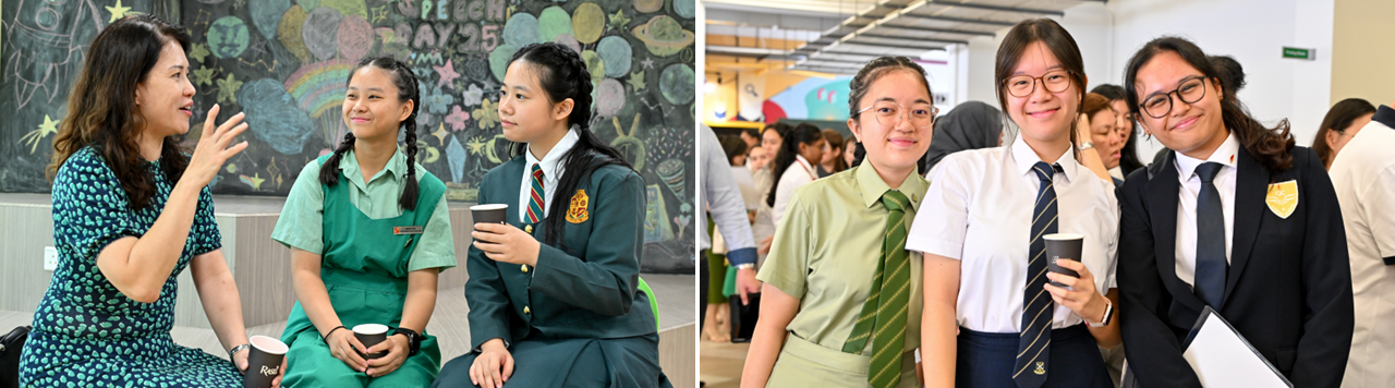 Two photos of school students in uniforms at an event, one showing a woman talking to two girls, another showing three girls posing.