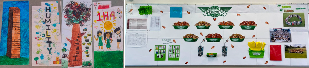 Children's colorful posters spelling "Humility" beside a bulletin board displaying "4 Humility" with food baskets and photos.
