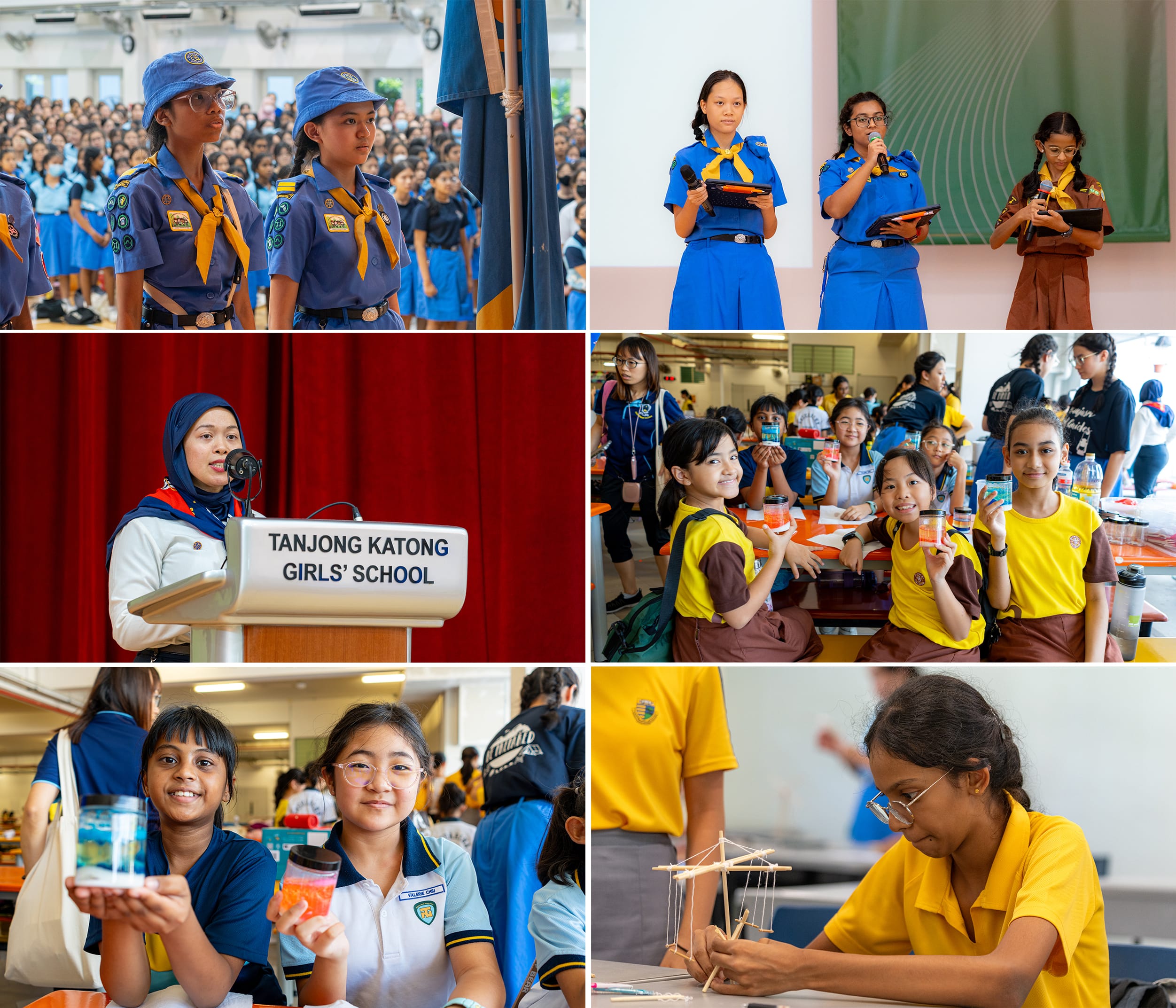 Collage of school event: scouts in uniform, students presenting, speaker at podium, kids with jars, girl building model