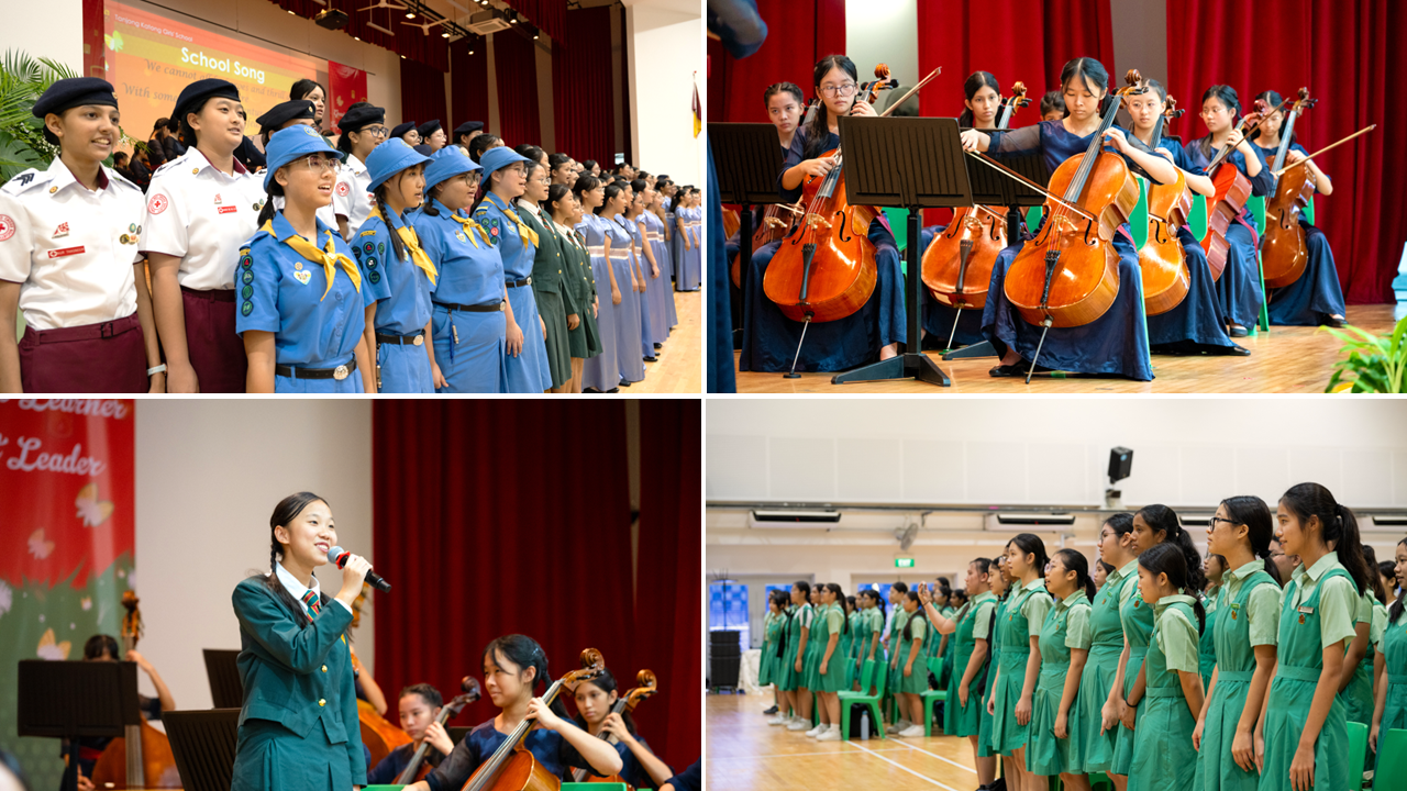 Four scenes of a girls school event: students in uniforms singing, a cello ensemble, a soloist performing, and a choir.