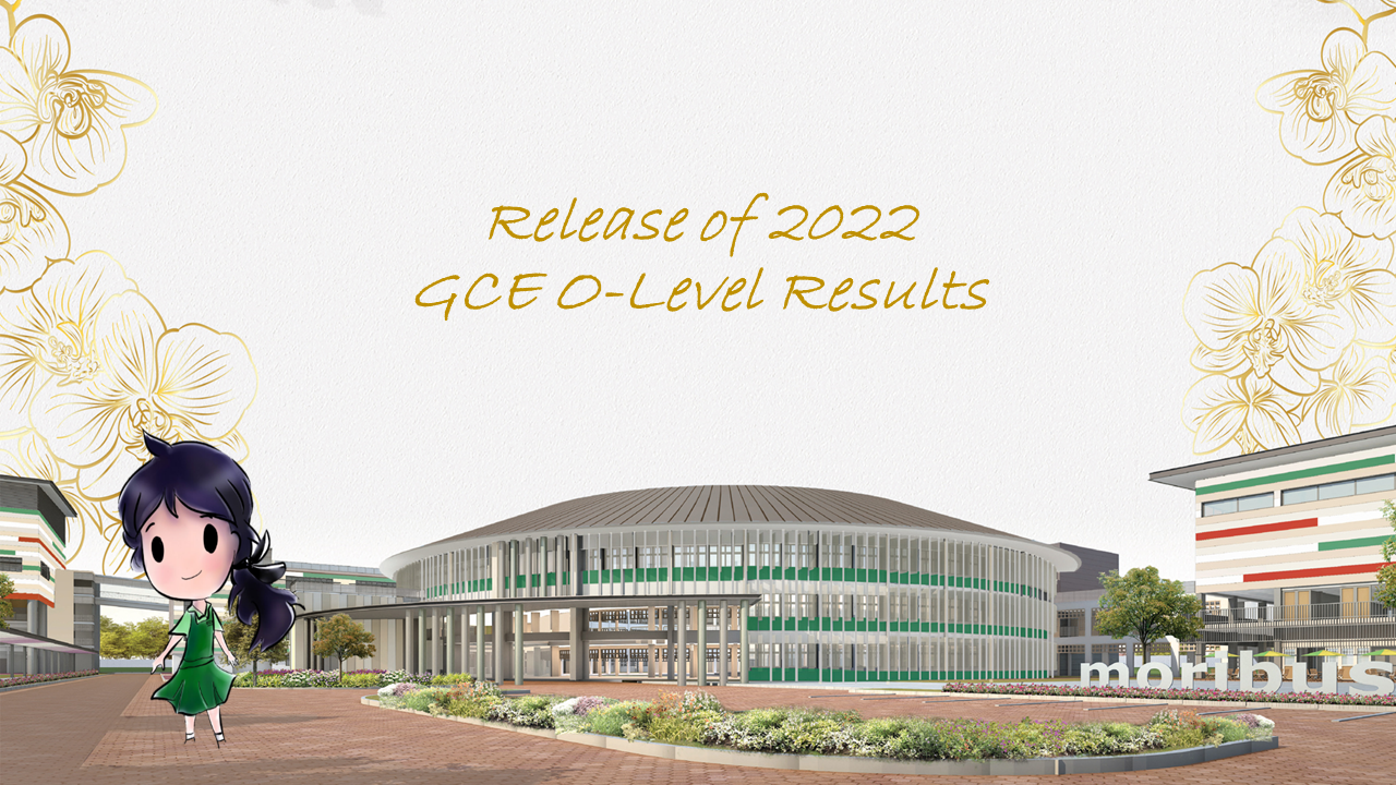 Banner reading "Release of 2022 GCE O-Level Results" with a school building and a cartoon girl in a green dress.