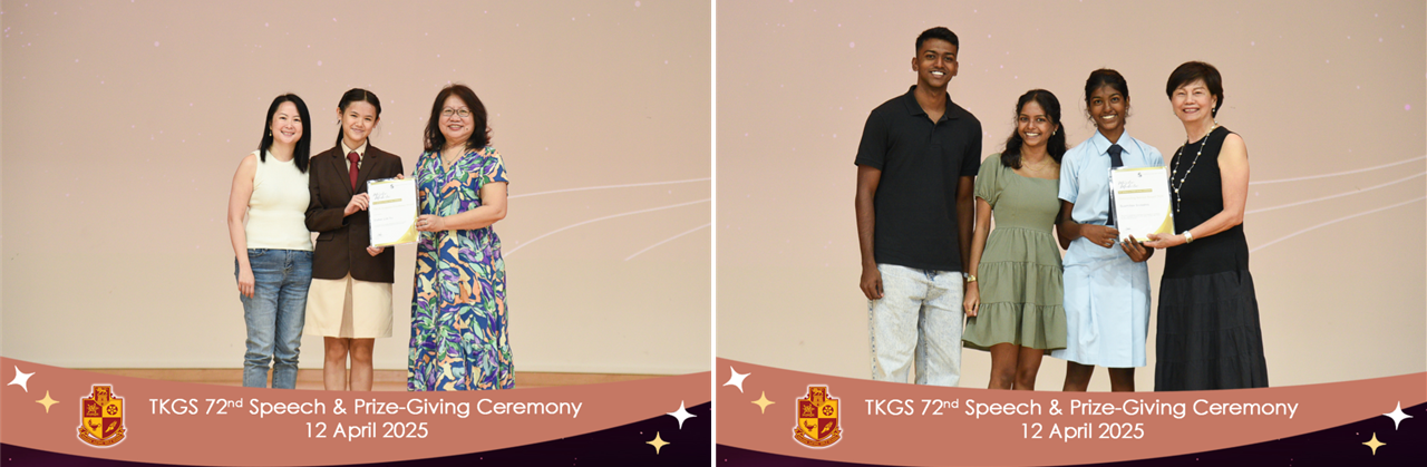 Two photos from TKGS 72nd Speech and Prize-Giving Ceremony on 12 April 2025, showing students receiving certificates on stage.