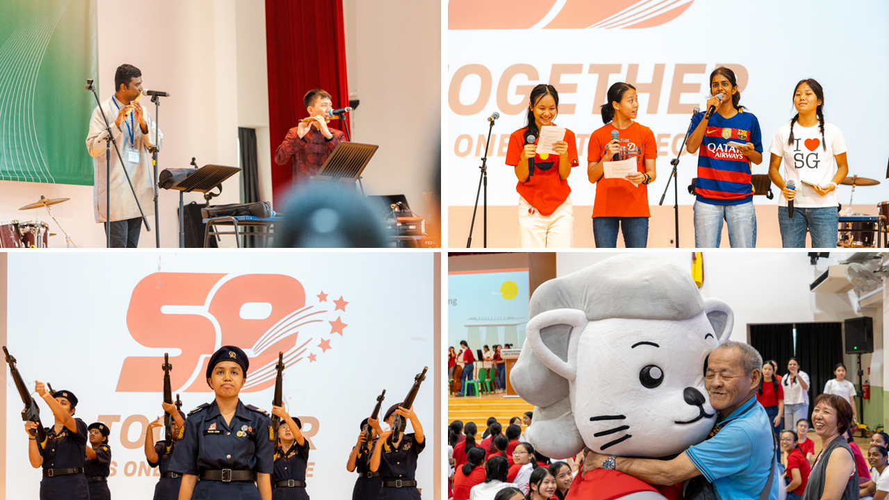 Four scenes: musicians performing, girls speaking on stage, cadets with rifles, and a man hugging a lion mascot.